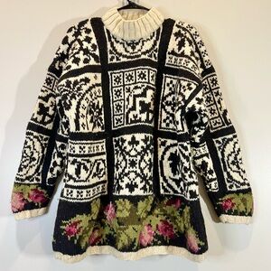 Floral Patterned Turtleneck Sweater - Black and Cream